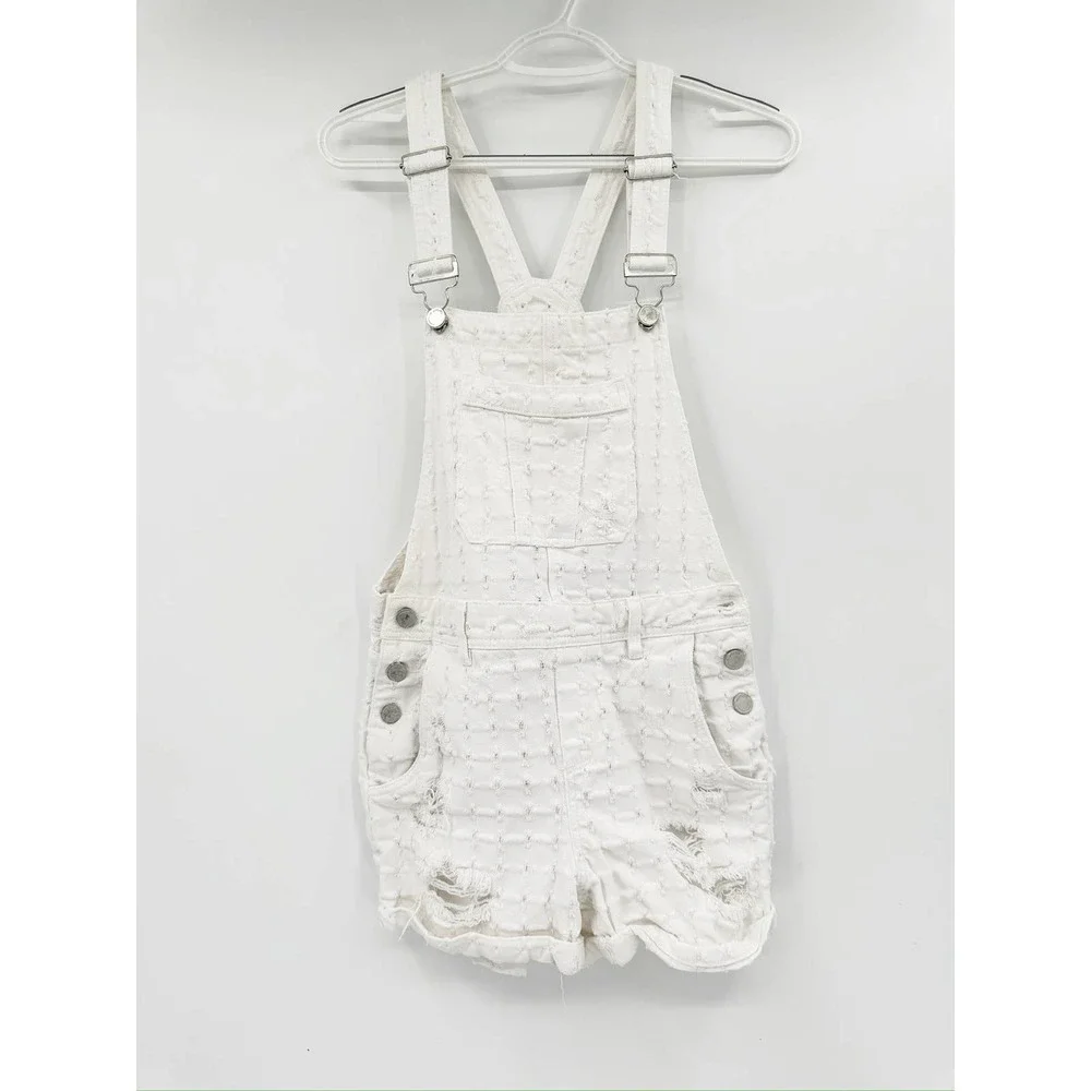 BlankNYC‎ Overall Shortalls 26 White Eyes On You Perforated Distressed Denim